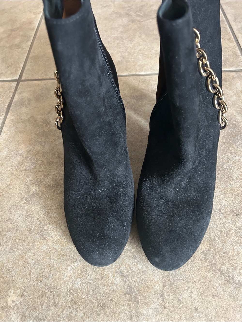 Via Spiga Black Suede Ankle Boots with Gold Chain Trim